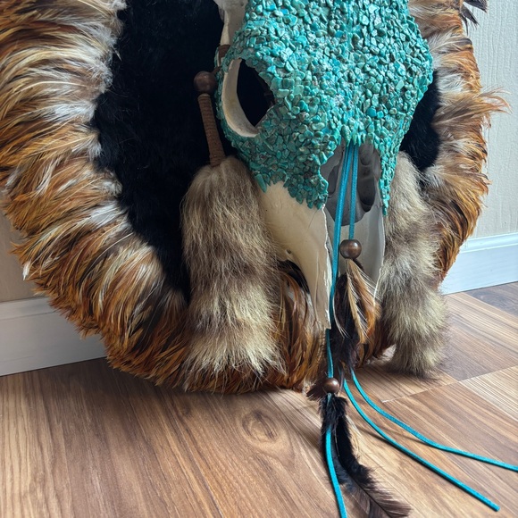 Turquoise Skull Wall Hanging Fur Feathers Leathers Accents - Picture 8 of 12